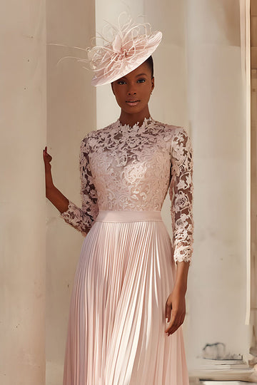 Mousseline de soie rose poudré Une ligne plissée Midi Robe de mère de la mariée avec dentelle